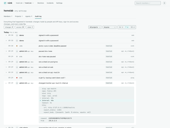 The org audit log with one change opened
